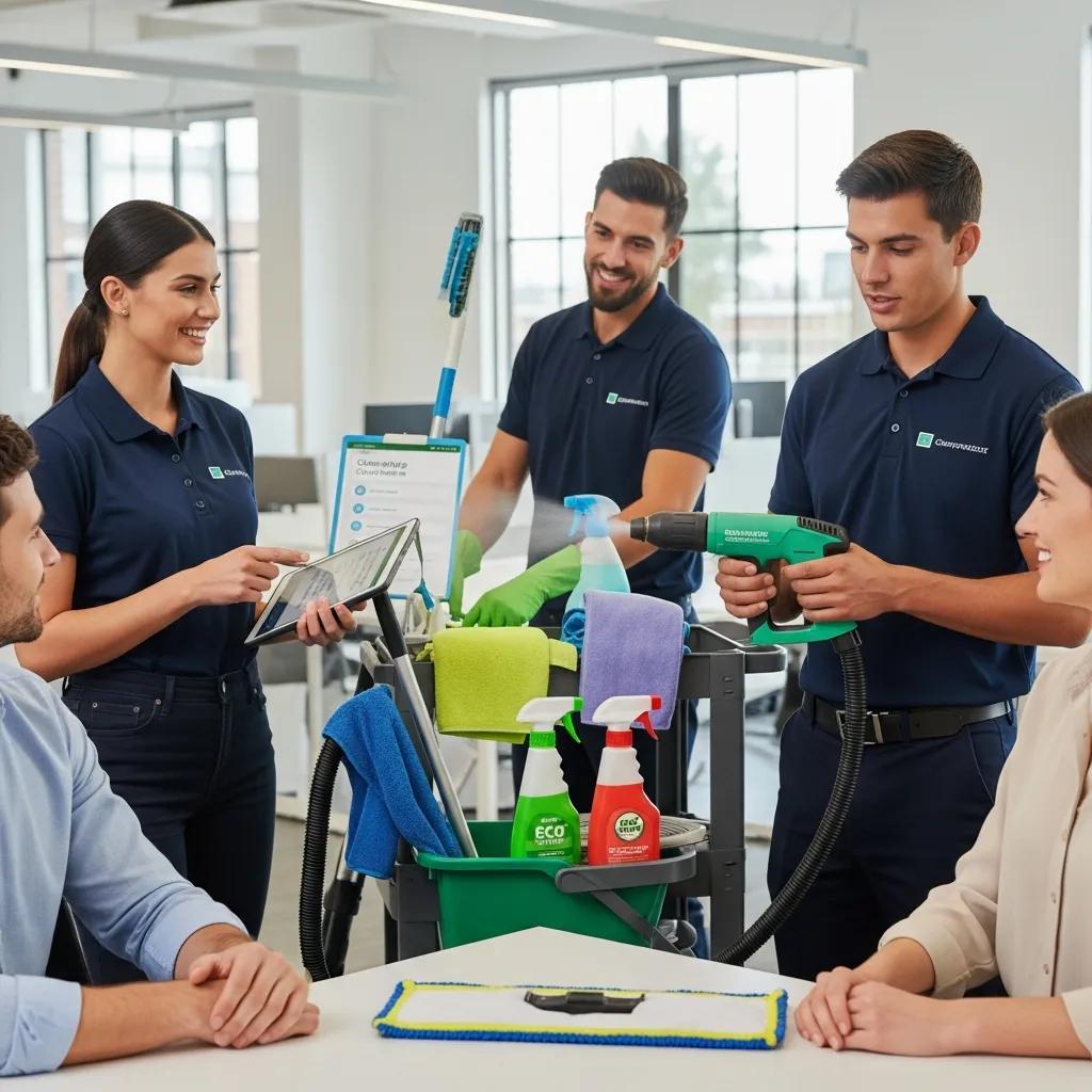 Cleaning professionals customizing services in an office environment
