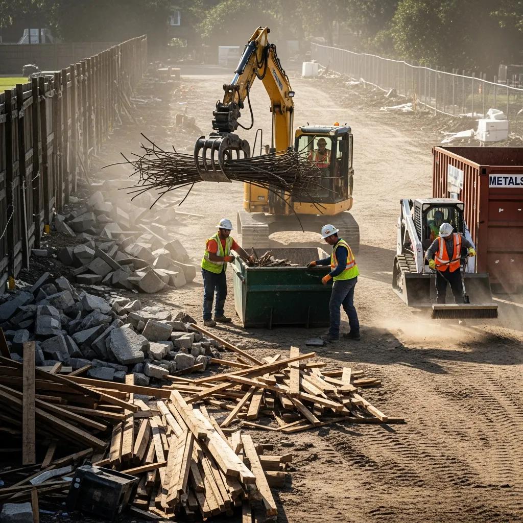 Cleanup crew removing debris from a construction site after temporary fence removal