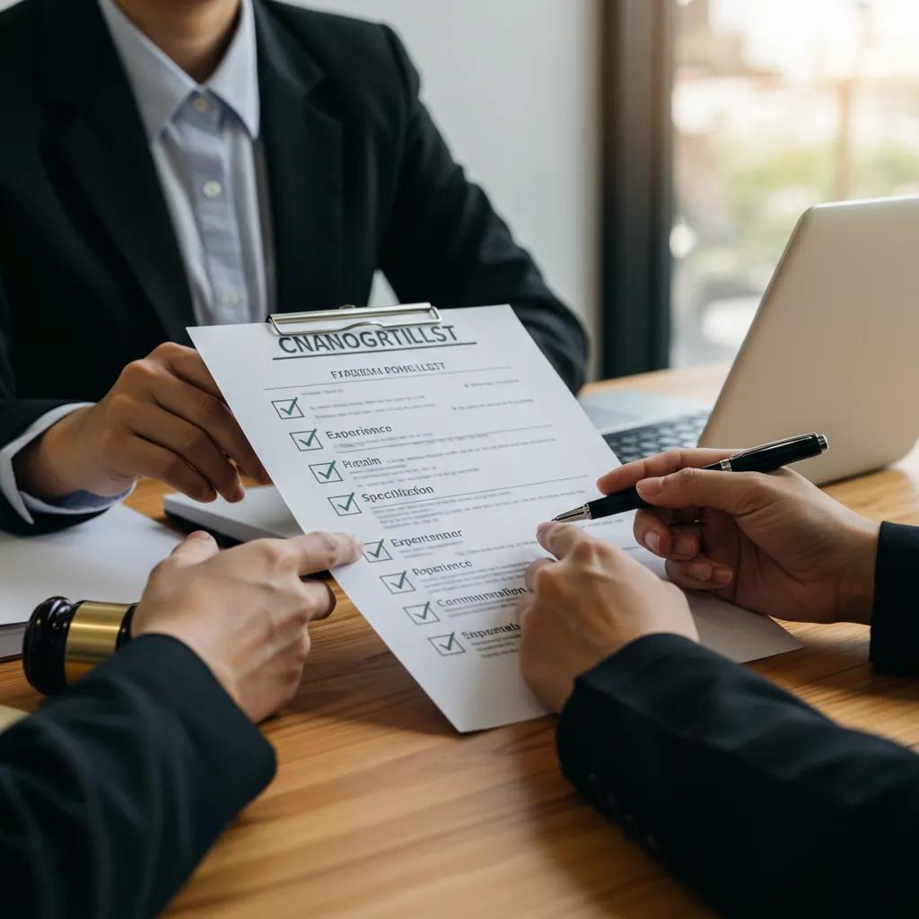 Client and lawyer reviewing a checklist of factors for choosing an immigration lawyer
