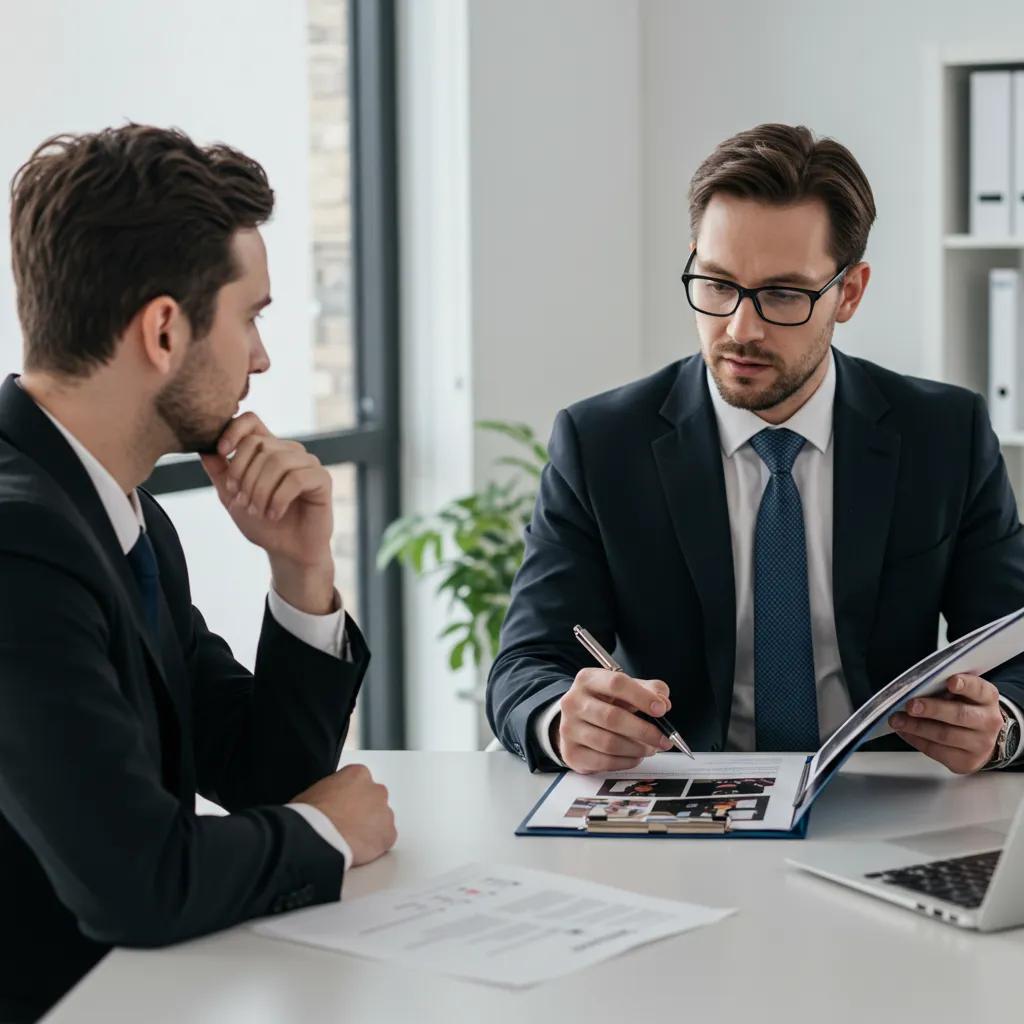 Client discussing options with a private investigator in a modern office setting
