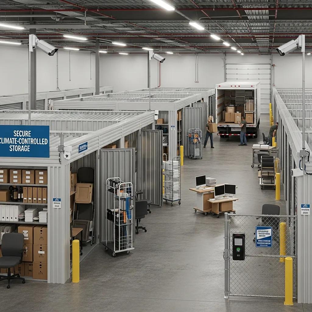 Climate-controlled storage units for commercial moves, emphasizing security and organization