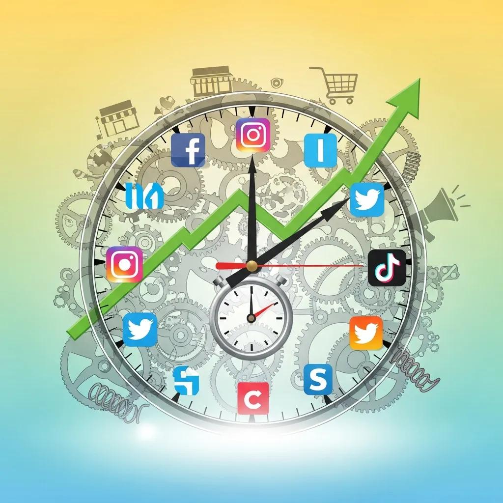 Clock with gears and social media icons representing time savings through automation