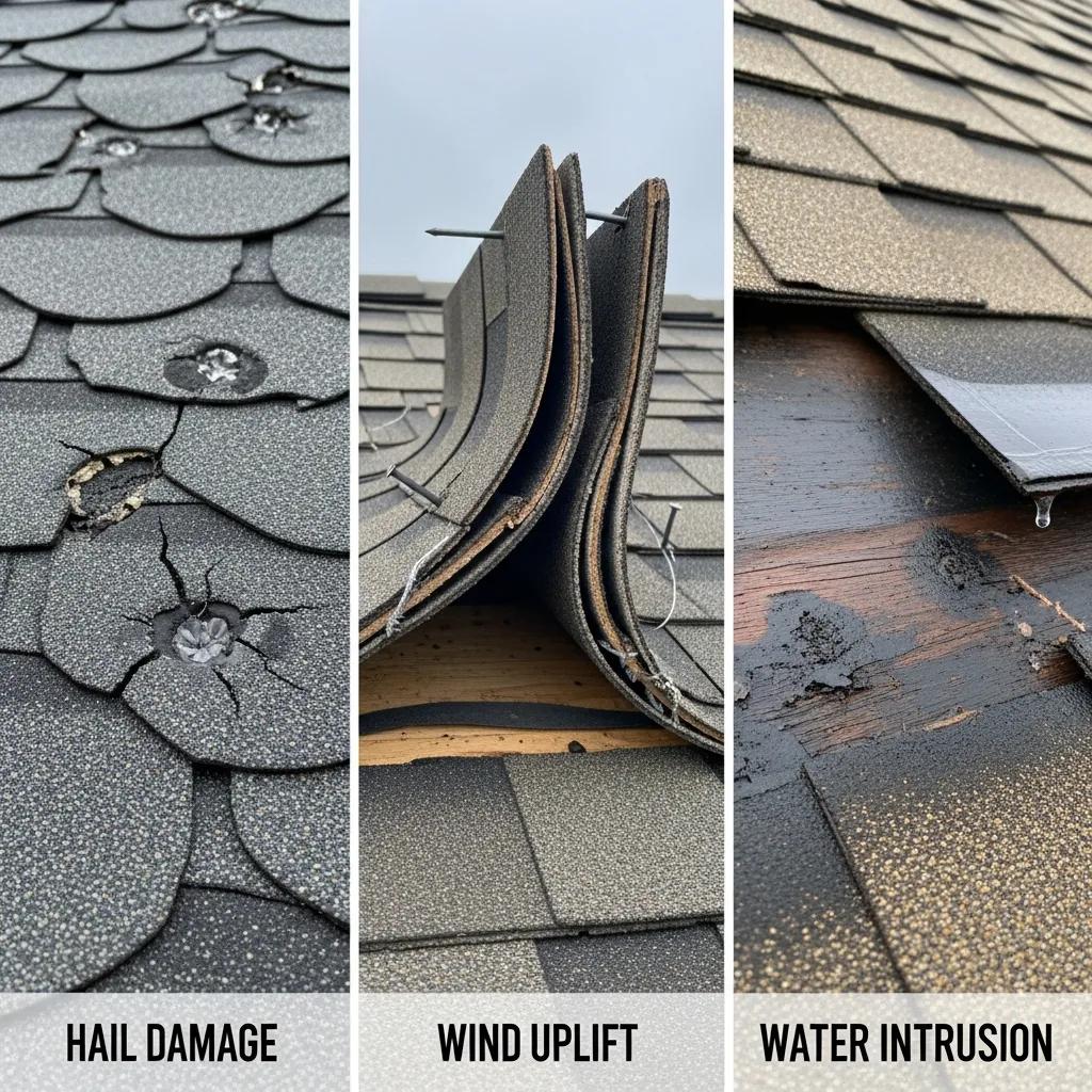 Close-up of hail dents, broken shingles, and signs of water intrusion