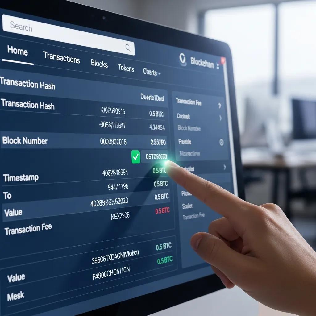 Close-up of a blockchain explorer on a screen with someone pointing, illustrating transaction verification Close-up of a blockchain explorer on a screen with someone pointing, illustrating transaction verification