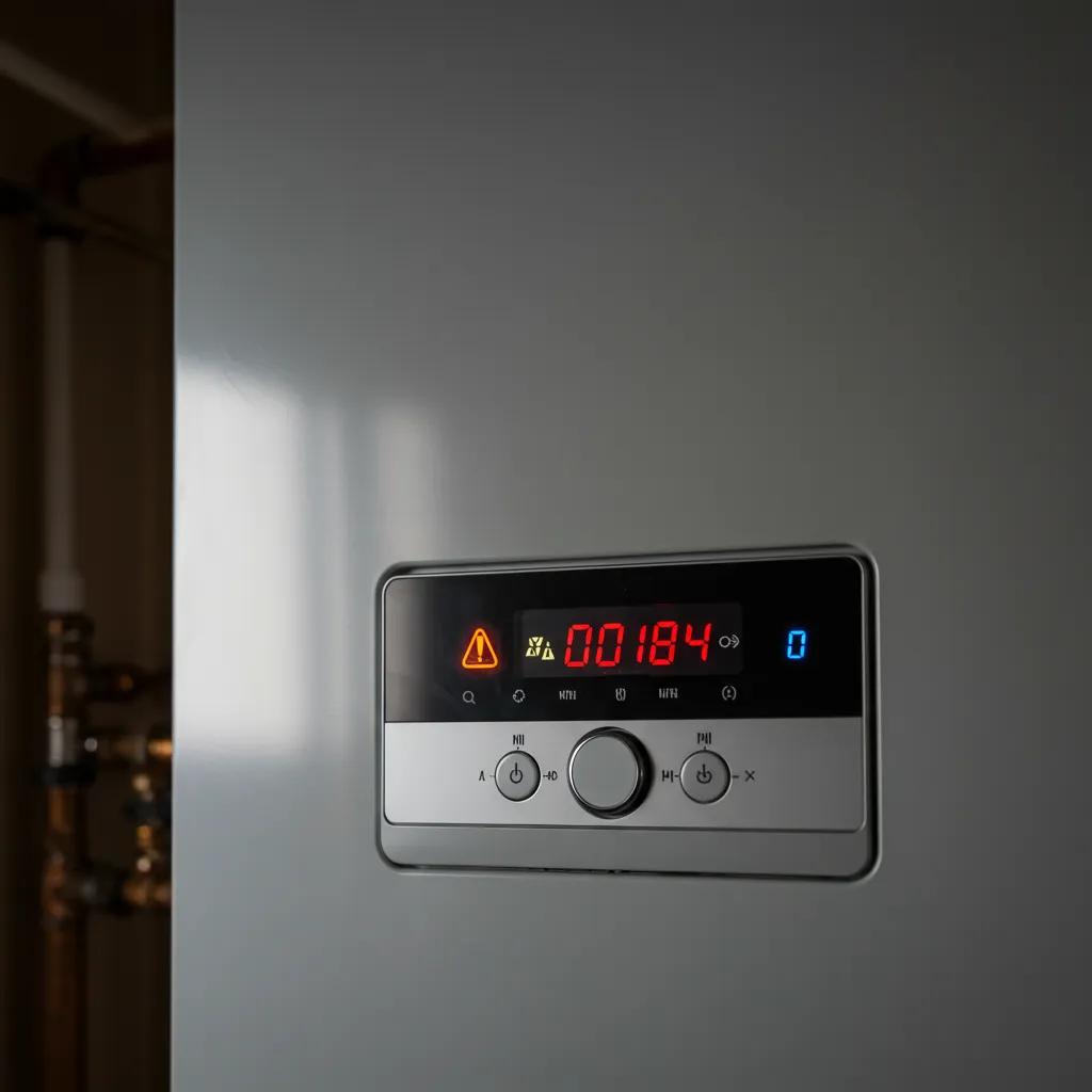 Close-up of a boiler showing warning signs and error codes