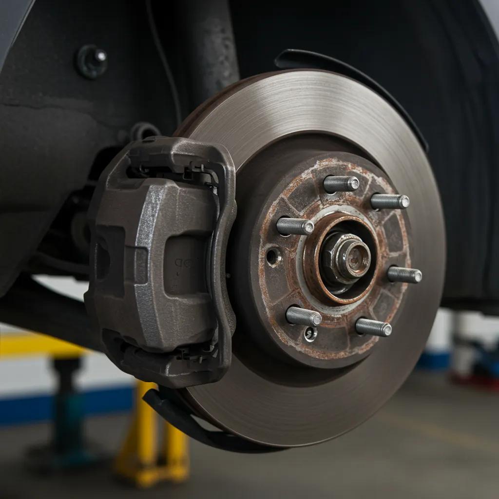 Close-up of a car's brake system with worn pads, emphasizing vehicle safety and maintenance