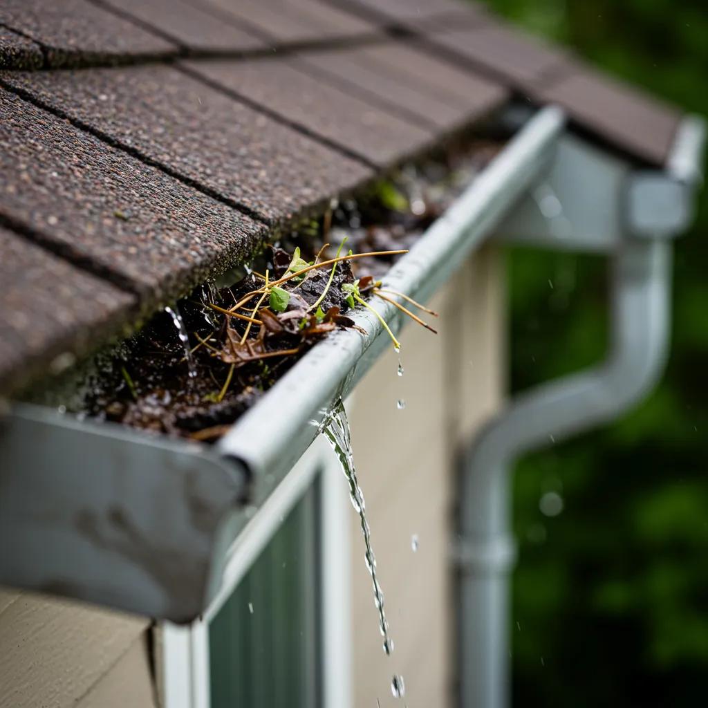 Close-up of a clogged gutter showing debris and water overflow, illustrating the need for cleaning