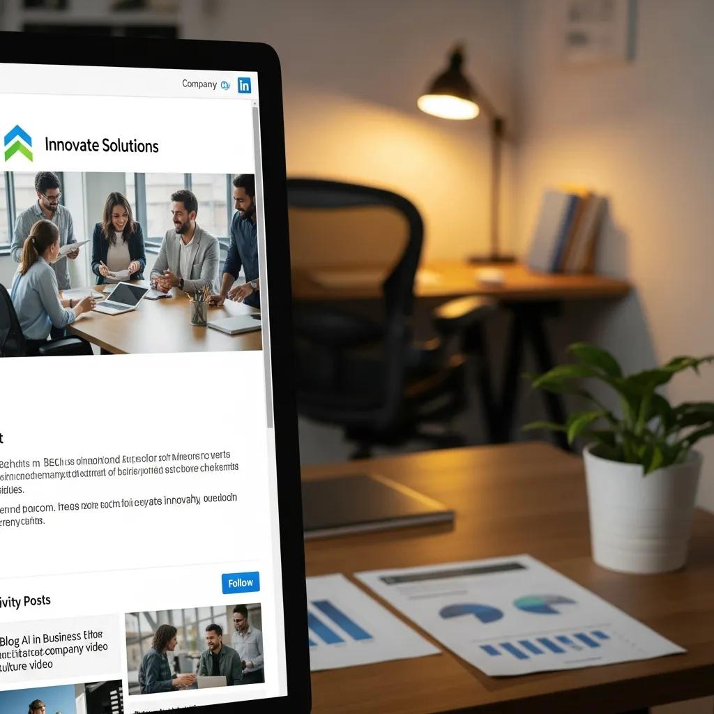 Close-up of a desktop showing an optimised LinkedIn company page in a professional workspace