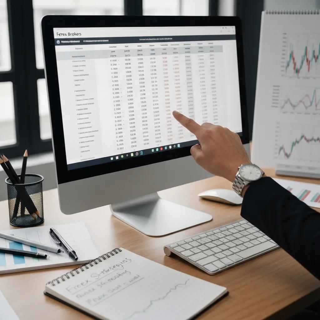 Close-up of a computer screen showing forex broker comparison table with a hand pointing