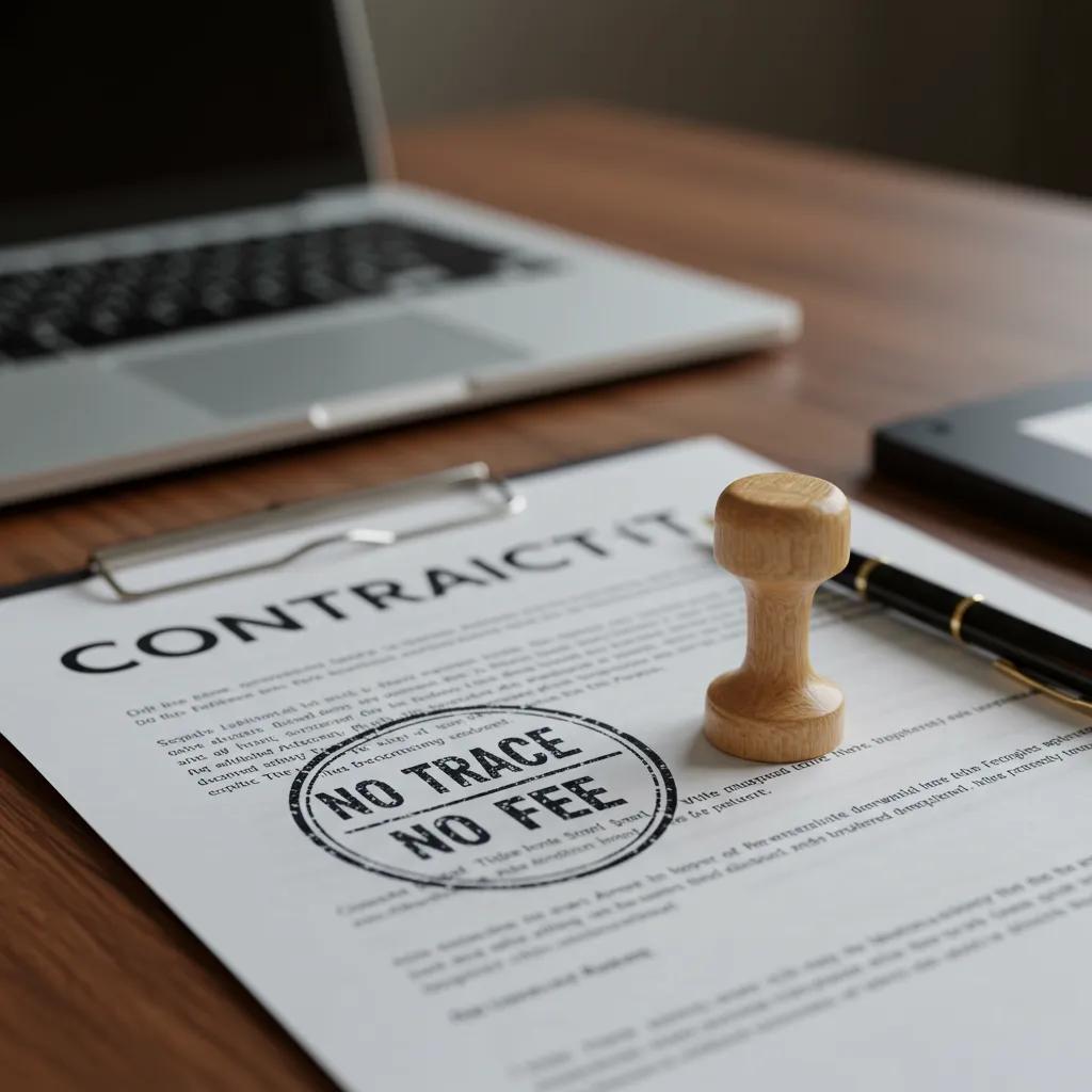 Close-up of a contract with 'No Trace No Fee' stamp, highlighting the payment model in people tracing services