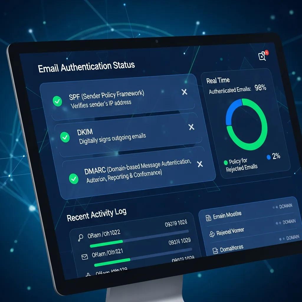 Close-up of a digital security interface visualizing SPF, DKIM, and DMARC protocols