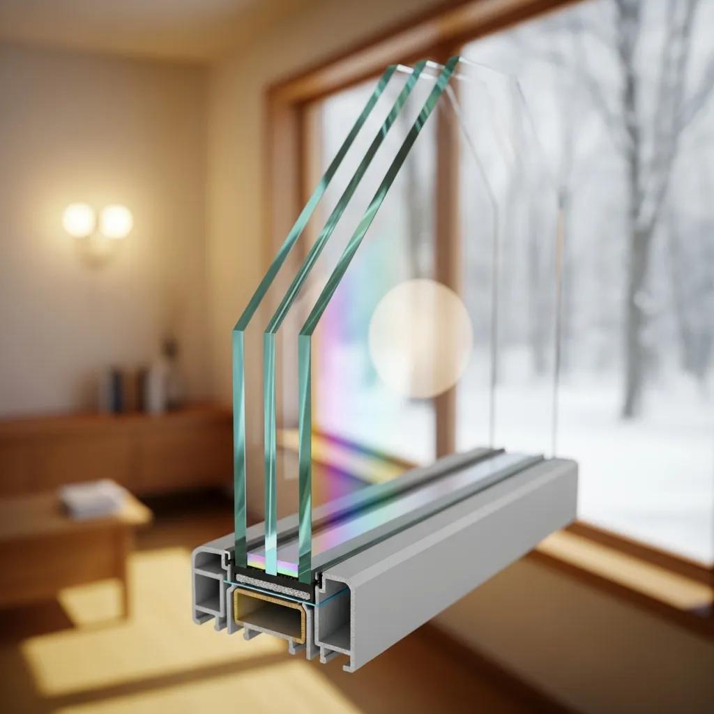 Close-up of insulated window glass with Low‑E coating and spacer visible between panes