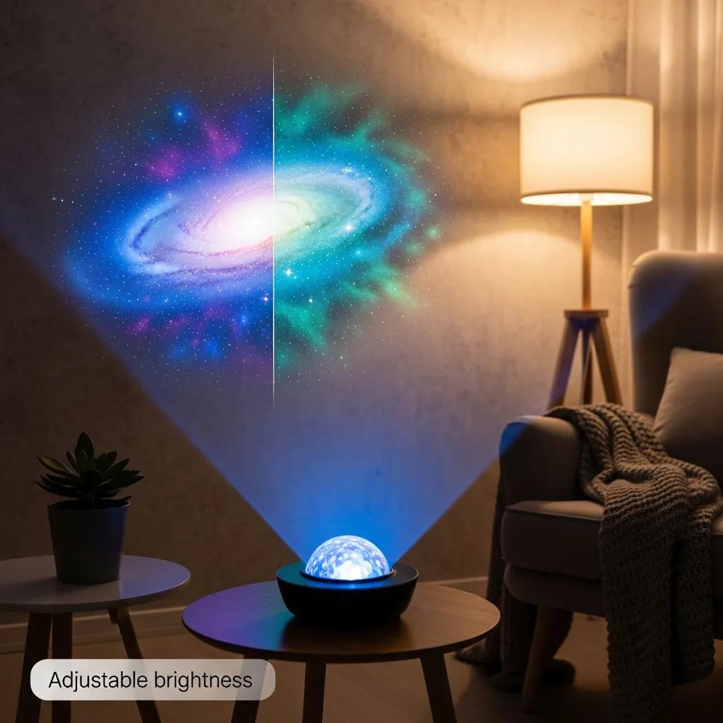 Close-up of a galaxy projector showcasing customizable light projections in a tranquil setting