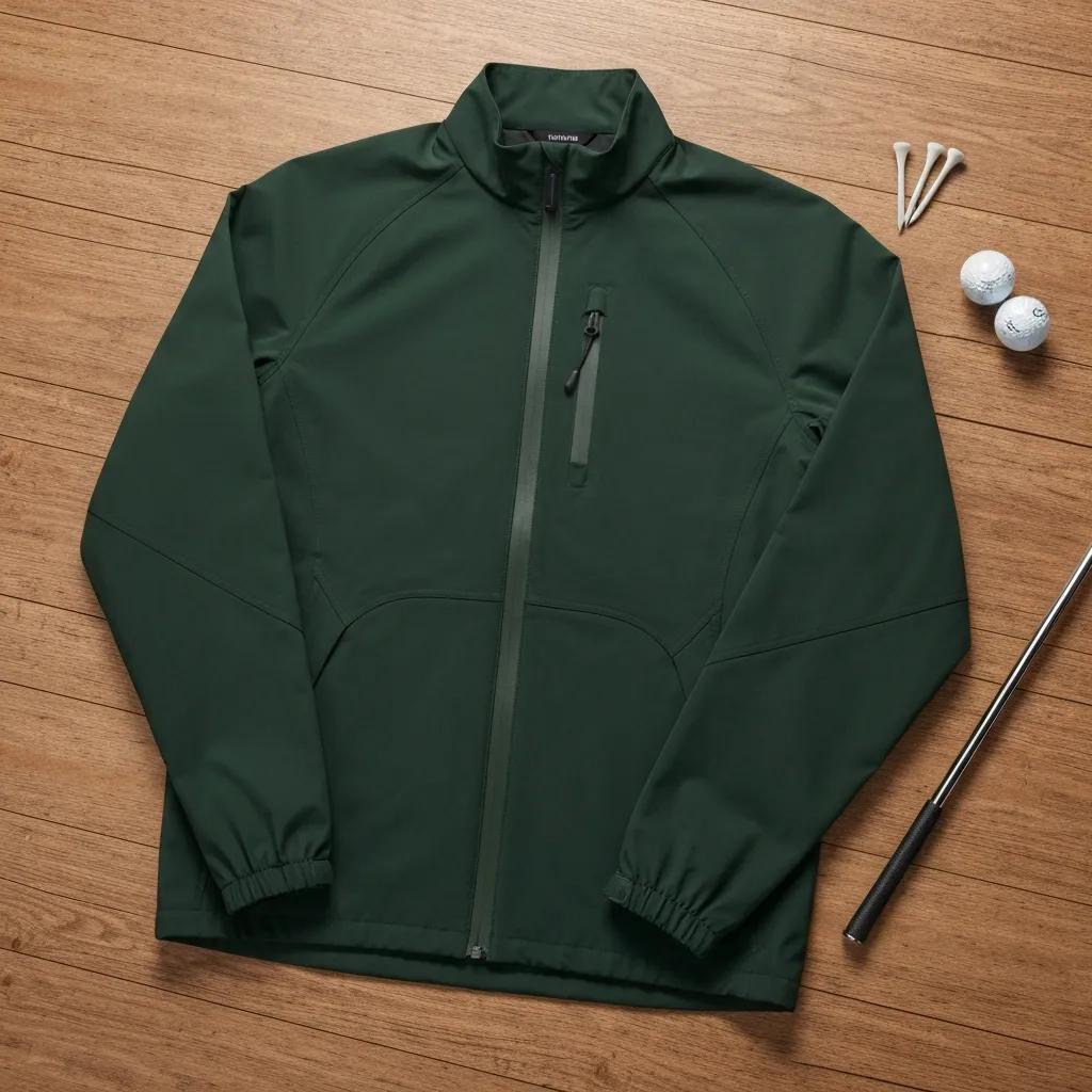 Close-up of a golf jacket showing waterproof zippers and articulated sleeves — core features for on-course performance Close-up of a golf jacket showing waterproof zippers and articulated sleeves — core features for on-course performance