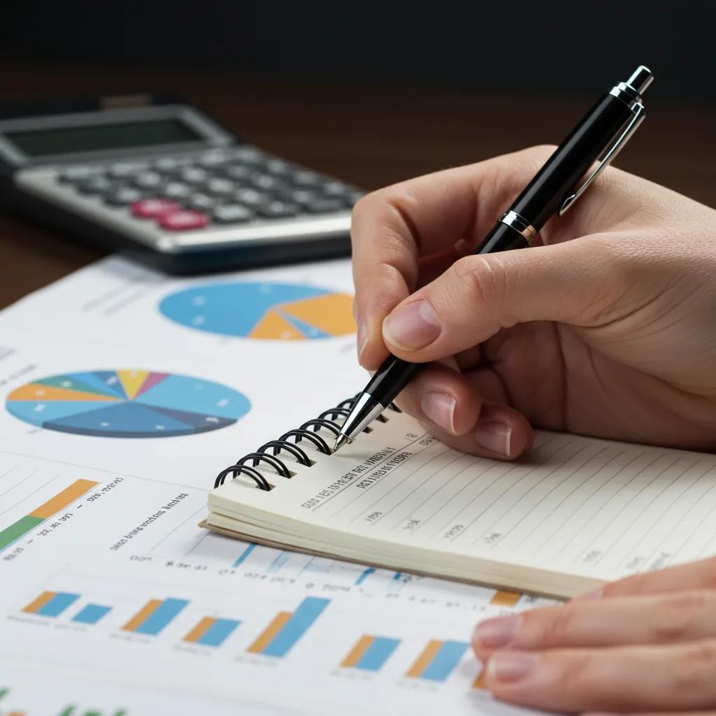 Close-up of a hand taking financial notes with charts and a calculator during retirement planning