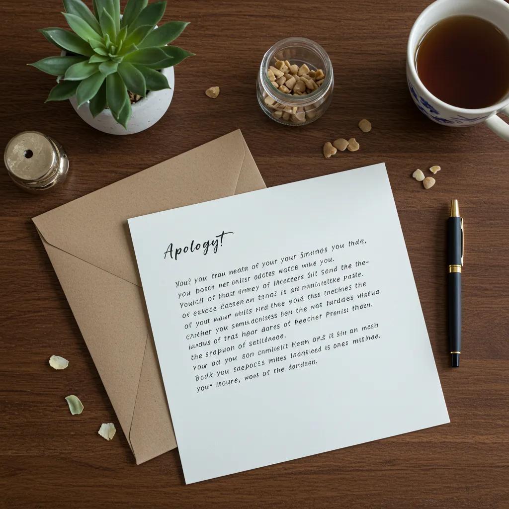 Close-up of a heartfelt apology letter on a table, surrounded by personal items, symbolizing thoughtfulness and care Close-up of a heartfelt apology letter on a table, surrounded by personal items, symbolizing thoughtfulness and care