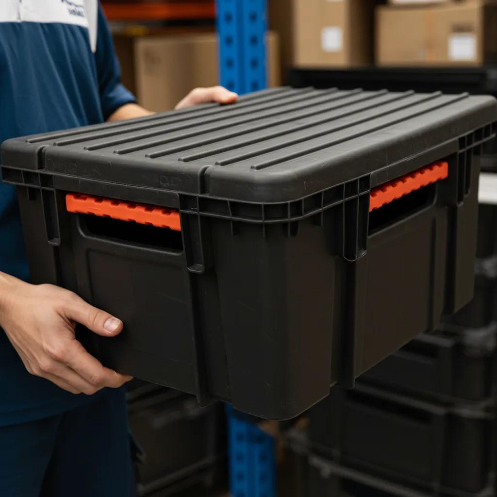 Close-up of a Bronko Box, highlighting its built-in handles and interlocking design for secure stacking in a warehouse setting.