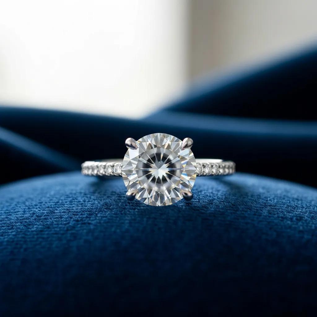 Close-up of a lab-grown diamond engagement ring highlighting its brilliance and cut quality