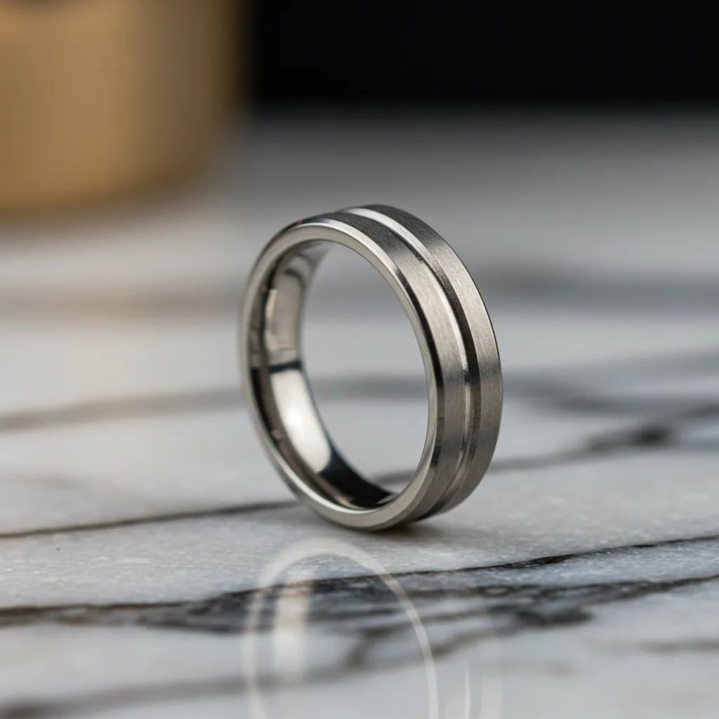 A close-up of a sleek, minimalist titanium men's engagement ring resting on a cool marble countertop