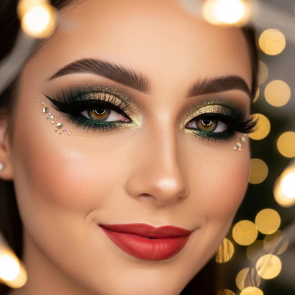 Close-up of a model with volume lash extensions and holiday makeup surrounded by twinkling lights