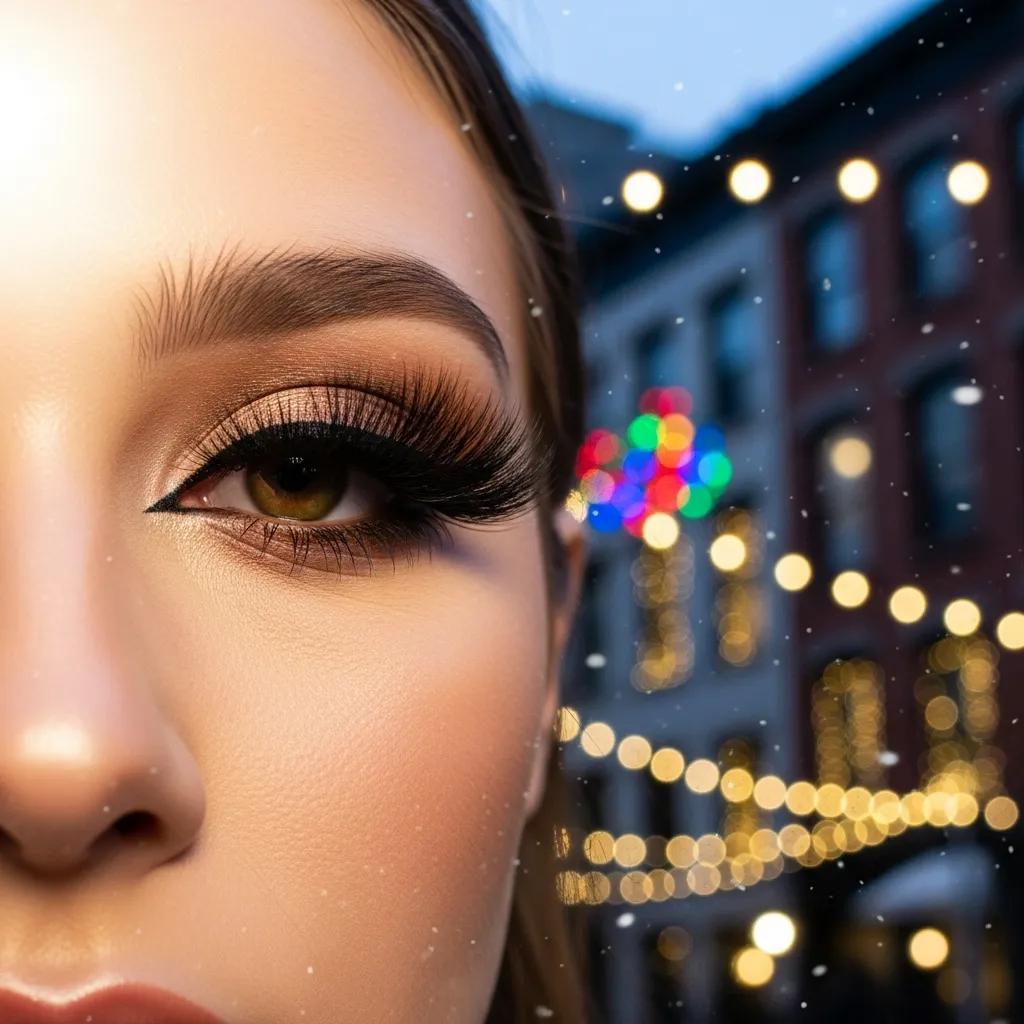 Close-up of a model wearing full volume lashes at a festive Downtown Brooklyn event