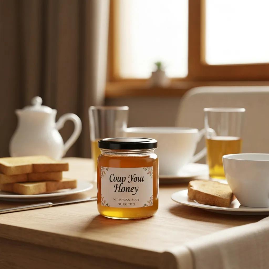 Close-up of a personalized 4 oz honey jar on a breakfast table, evoking wedding memories