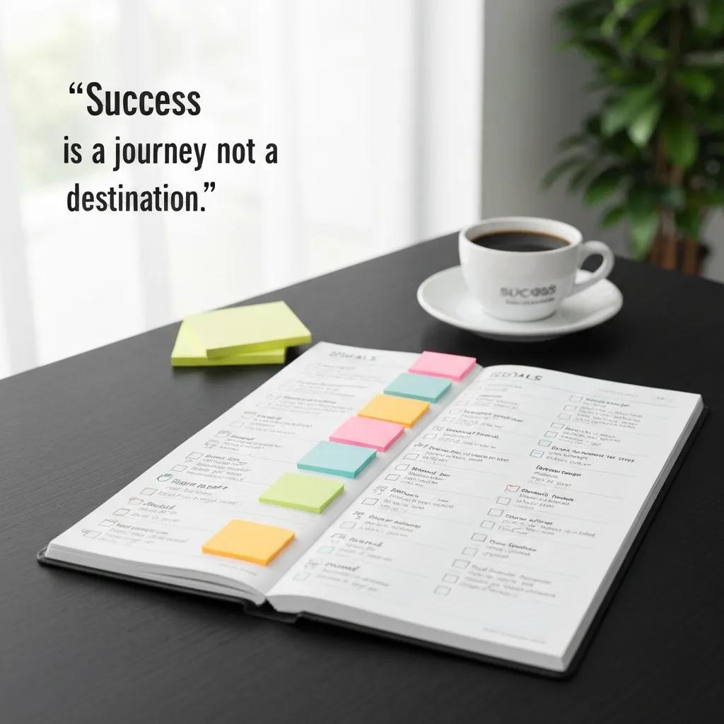 Planner open to a SMART goals worksheet with notes and dates