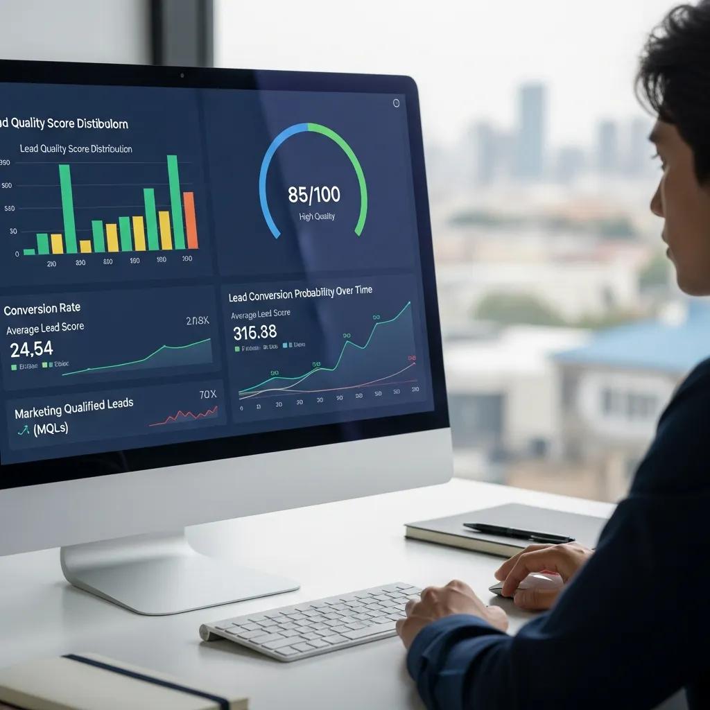 Colleagues working together around a laptop to show AI-driven lead generation