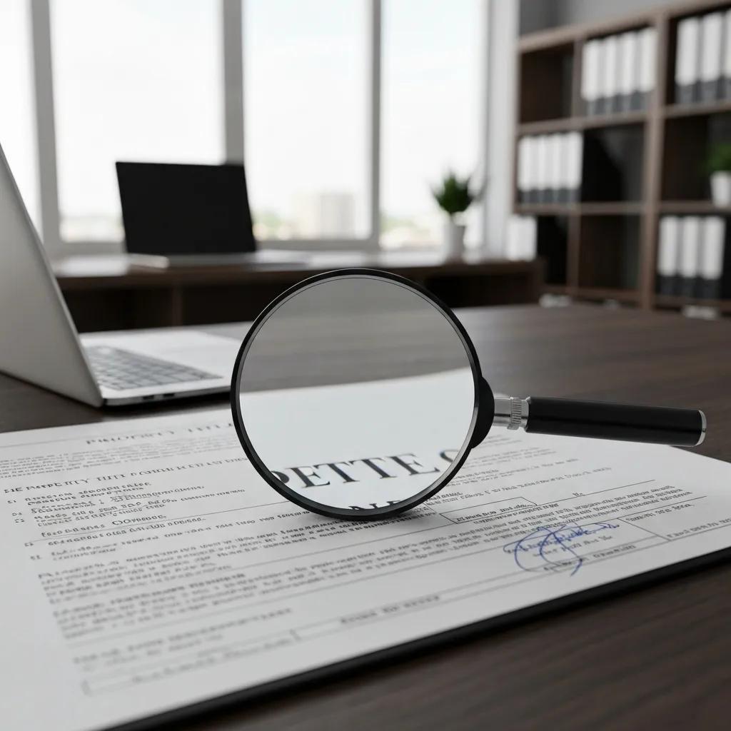 Close-up of a property title document with a magnifying glass highlighting common defects Close-up of a property title document with a magnifying glass highlighting common defects