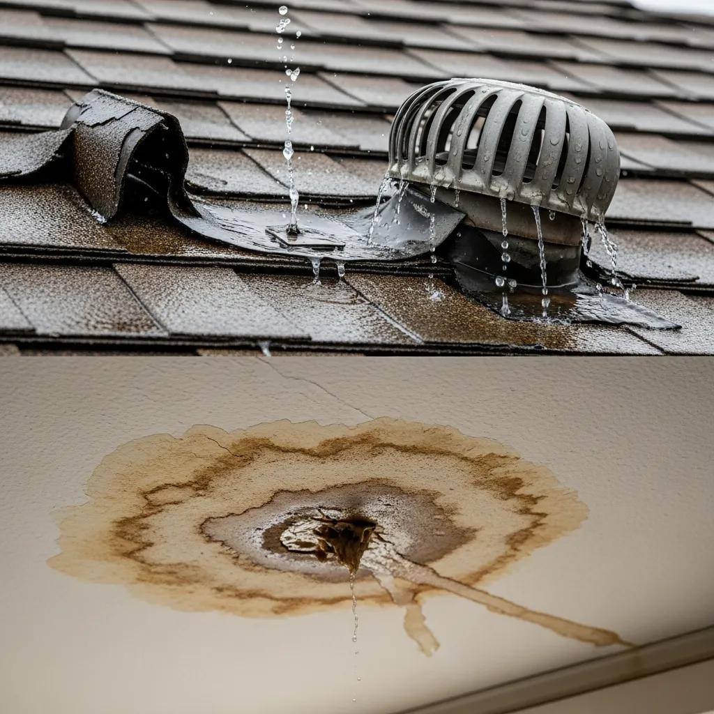 Close-up of a roof leak showing water stains and damaged flashing