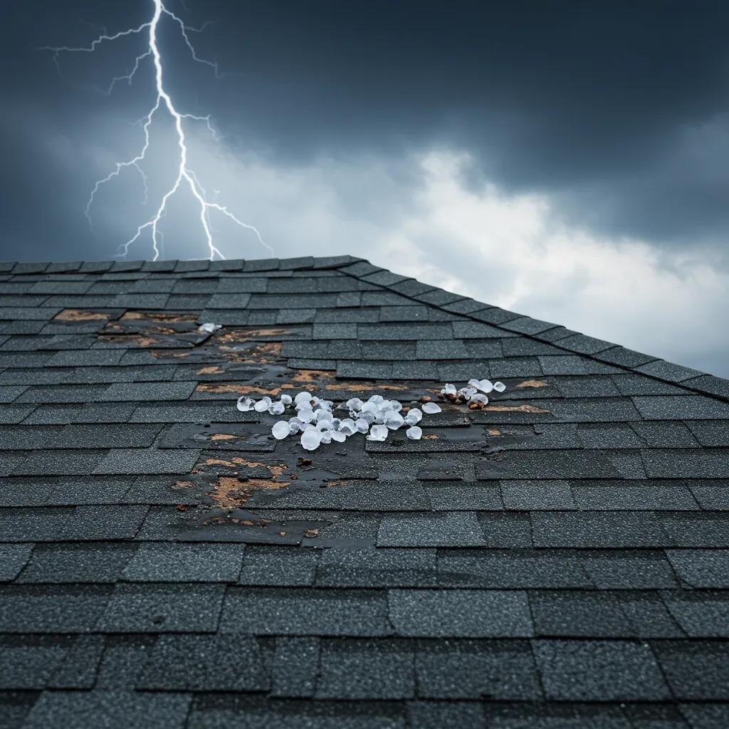 Close-up of a roof with hail and wind damage, illustrating the effects of severe weather