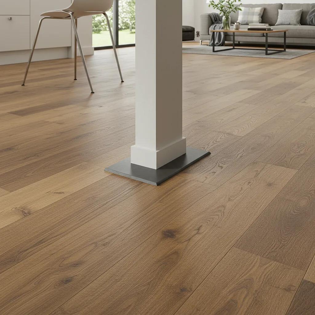 Close-up of a seamless flooring transition between kitchen and living room, highlighting meticulous edge detailing and aesthetic continuity