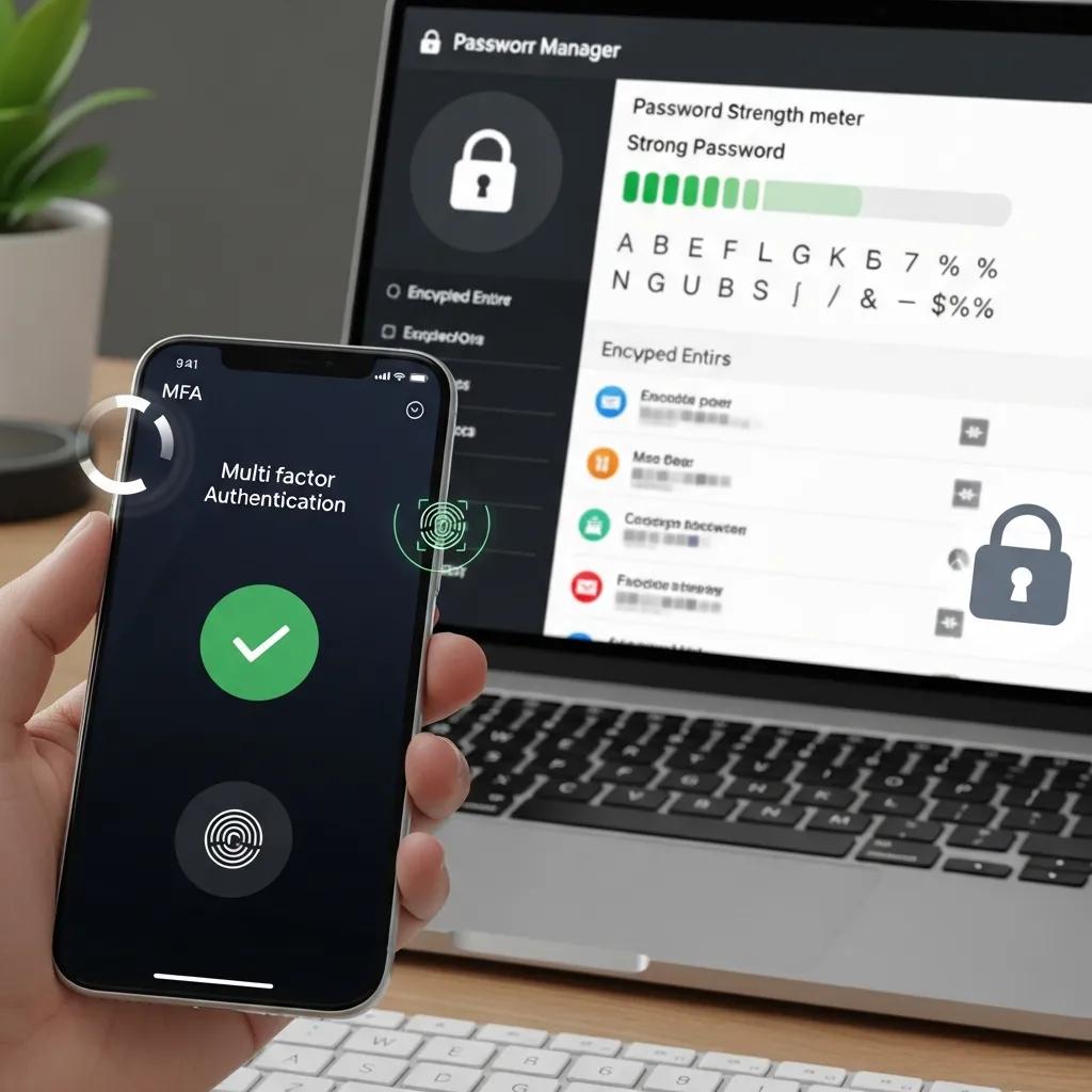 Smartphone and laptop showing strong passwords and two-factor authentication