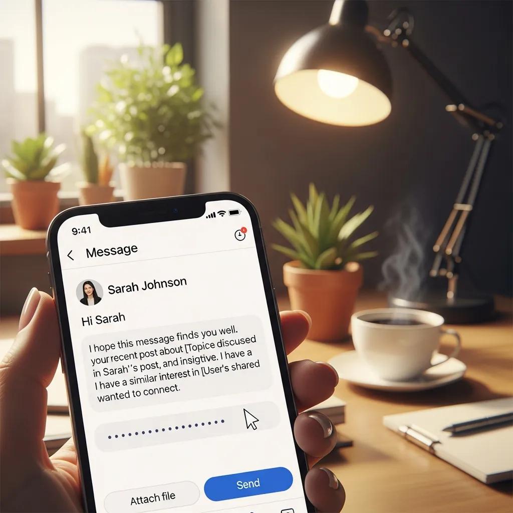 Close-up of a smartphone showing personalized LinkedIn message being crafted in a cozy workspace