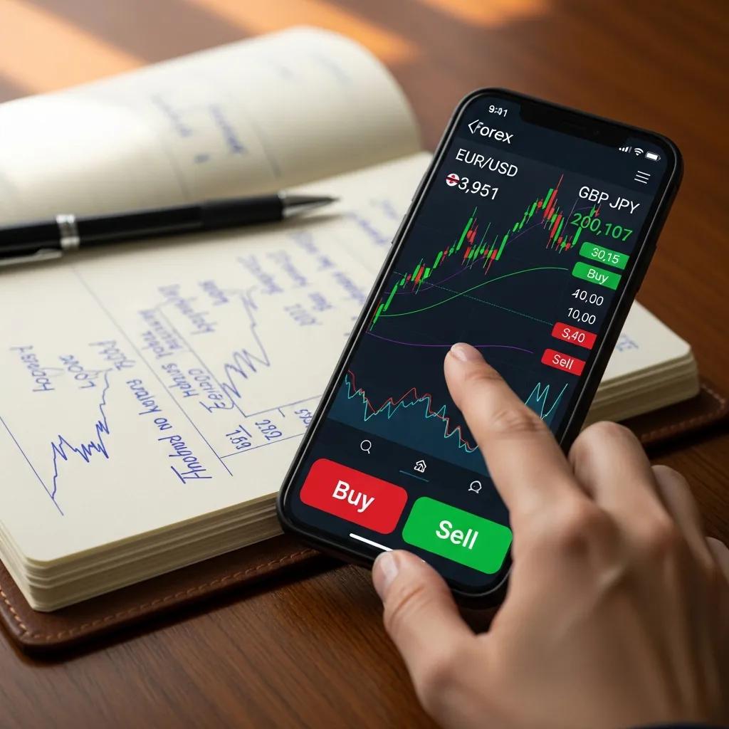 Smartphone displaying a forex signal with entry, stop‑loss and take‑profit details