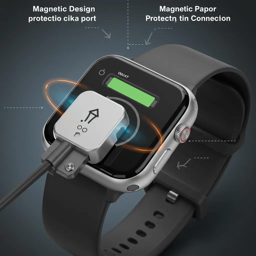 Close-up of a smartwatch with a magnetic charger, demonstrating port protection through magnetic design
