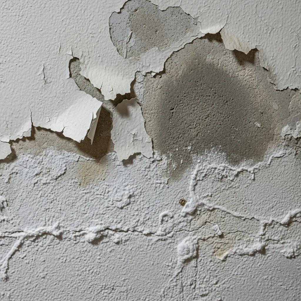 Close-up of a basement wall showing peeling paint and efflorescence from moisture