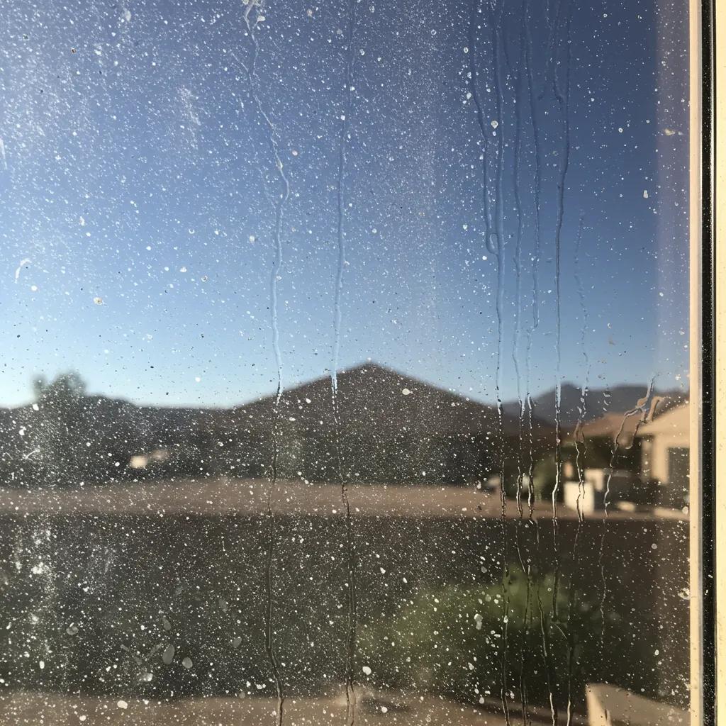 Close-up of a window showing hard water spots and dust, illustrating cleaning challenges in Arizona