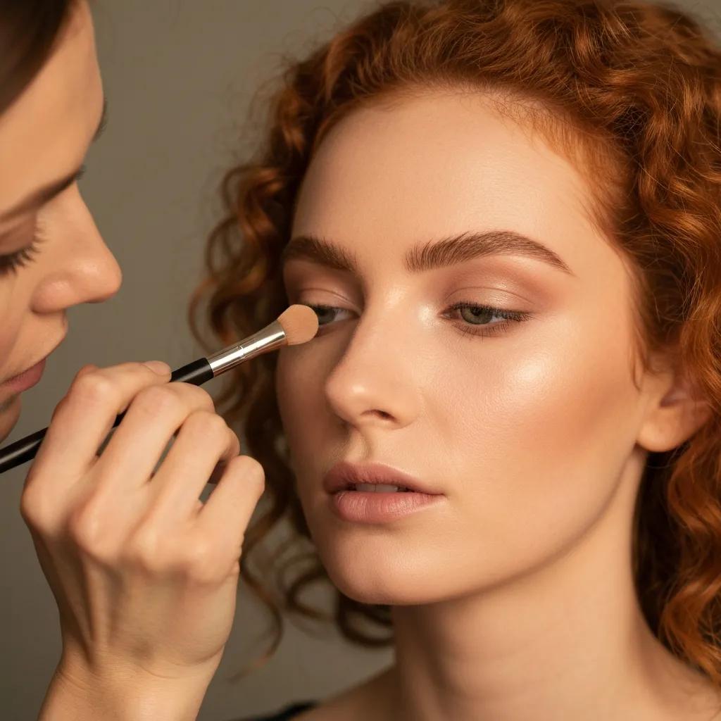 Close-up of a client receiving soft-lifted brow lamination, highlighting airy, brushed-up brow texture