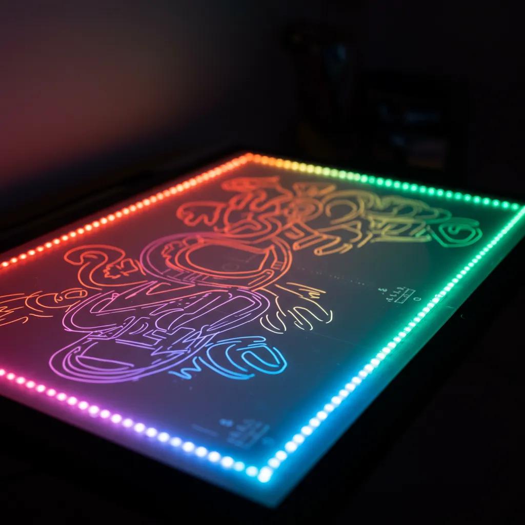 Close-up of an illuminated drawing board showcasing vibrant neon artwork, emphasizing enhanced visibility and contrast