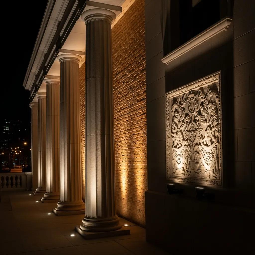 Close-up of architectural lighting techniques showcasing uplighting, wall-washing, and grazing