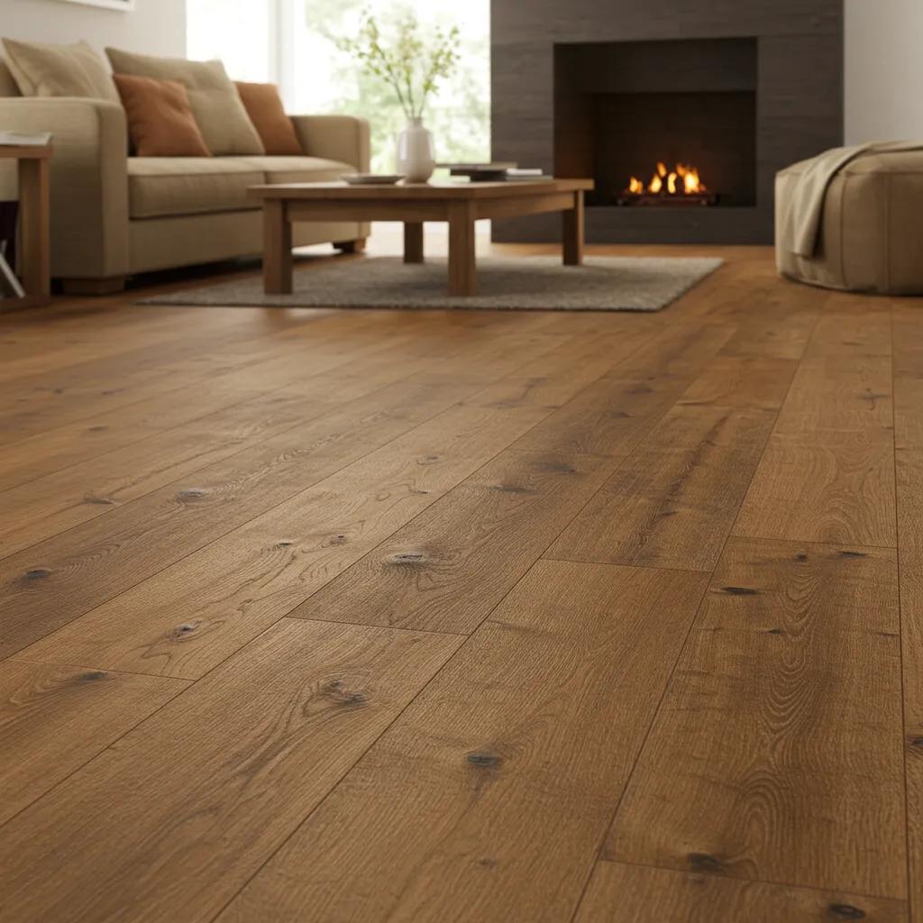 Close-up of brushed wood flooring showcasing texture and grain in a cozy living space