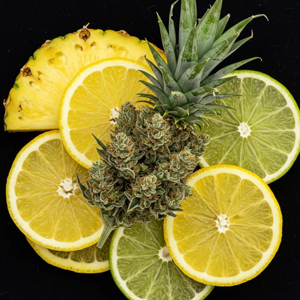 Close-up of cannabis flower with pineapple and citrus fruits illustrating the flavor and aroma profile of Pineapple Express