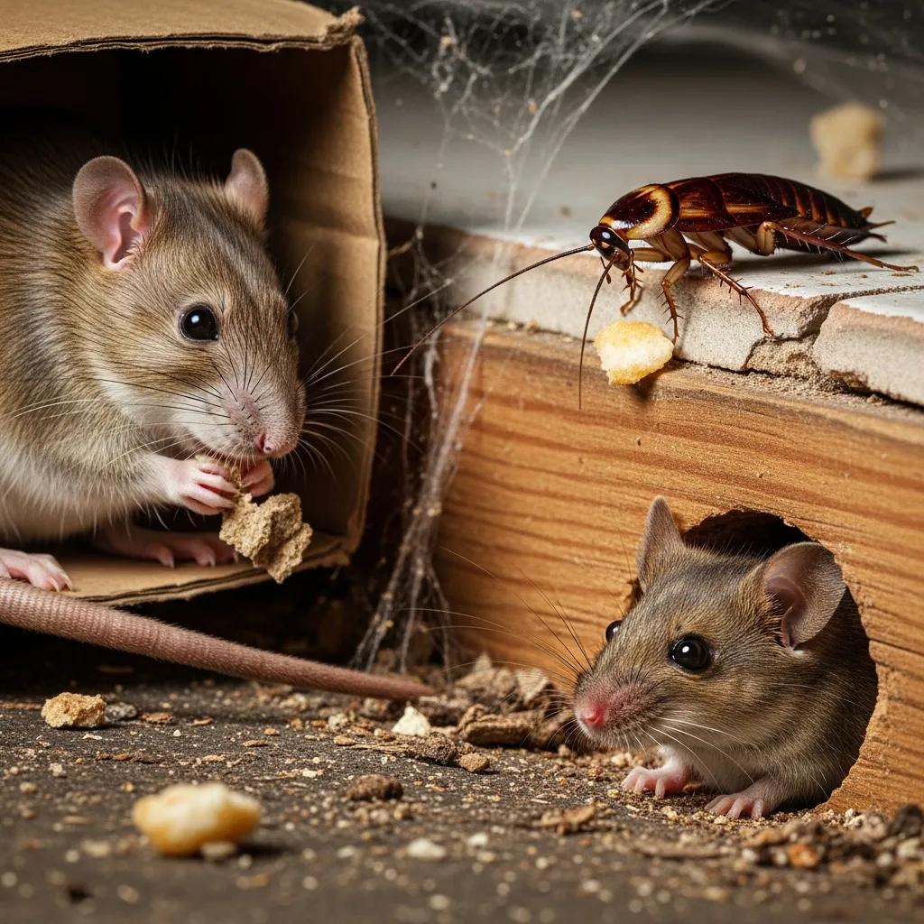 Close-up of common winter pests including house mouse, Norway rat, and German cockroach in their natural habitats