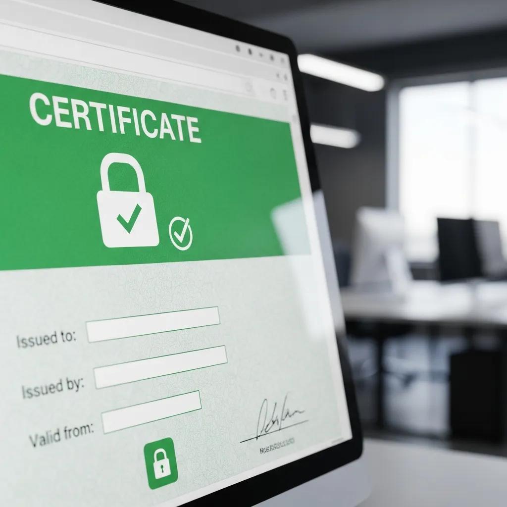 Close-up of screen showing a security certificate and lock icon