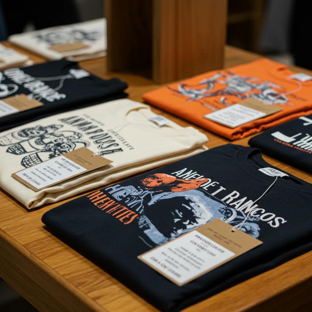 Close-up of our designer graphic tees, highlighting unique prints and premium fabric, celebrating true craftsmanship and artist stories.