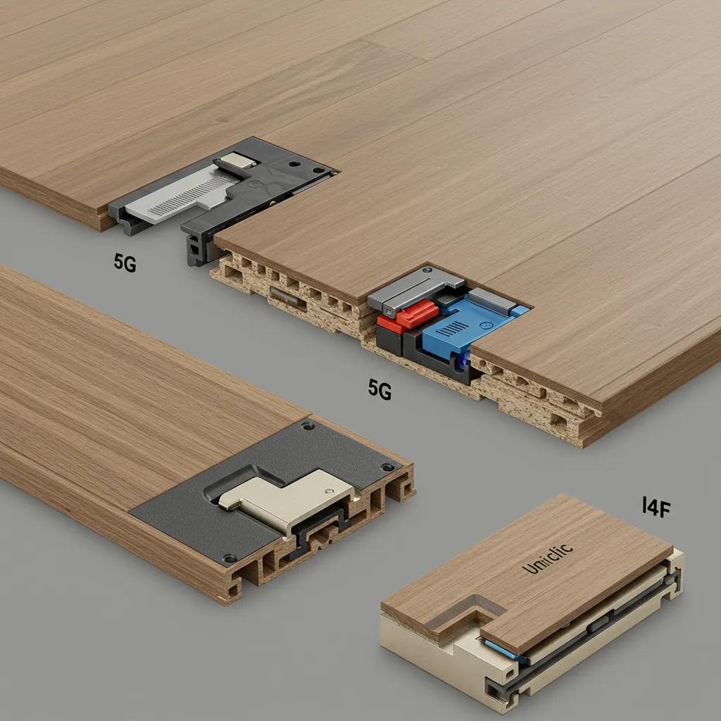 Close-up view of click lock systems: 5G, Uniclic and I4F interlocks
