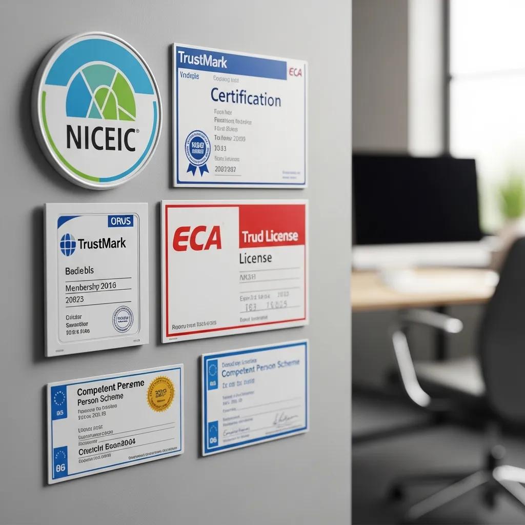 Close-up of electrical certification badges showcasing qualifications and professionalism