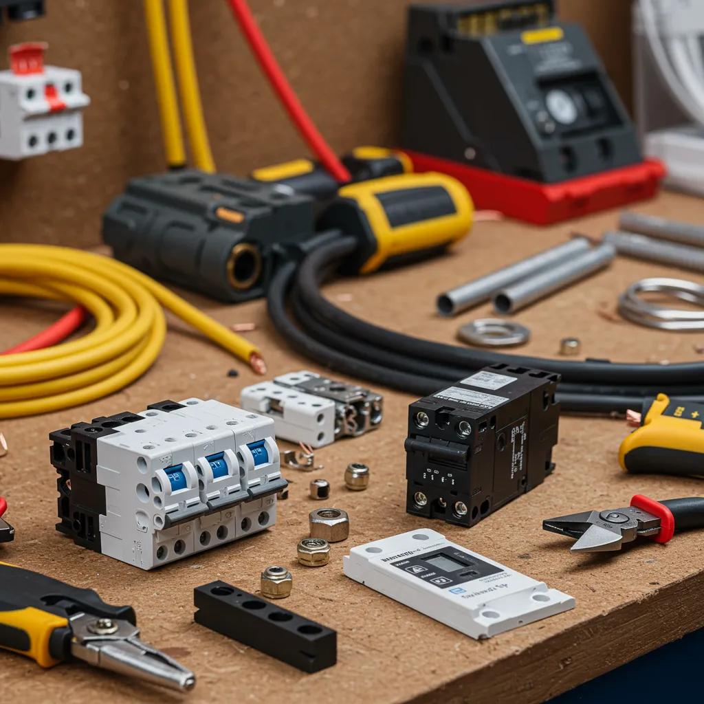 Close-up of electrical materials including cables and circuit breakers on a workbench, illustrating cost factors in electrical work
