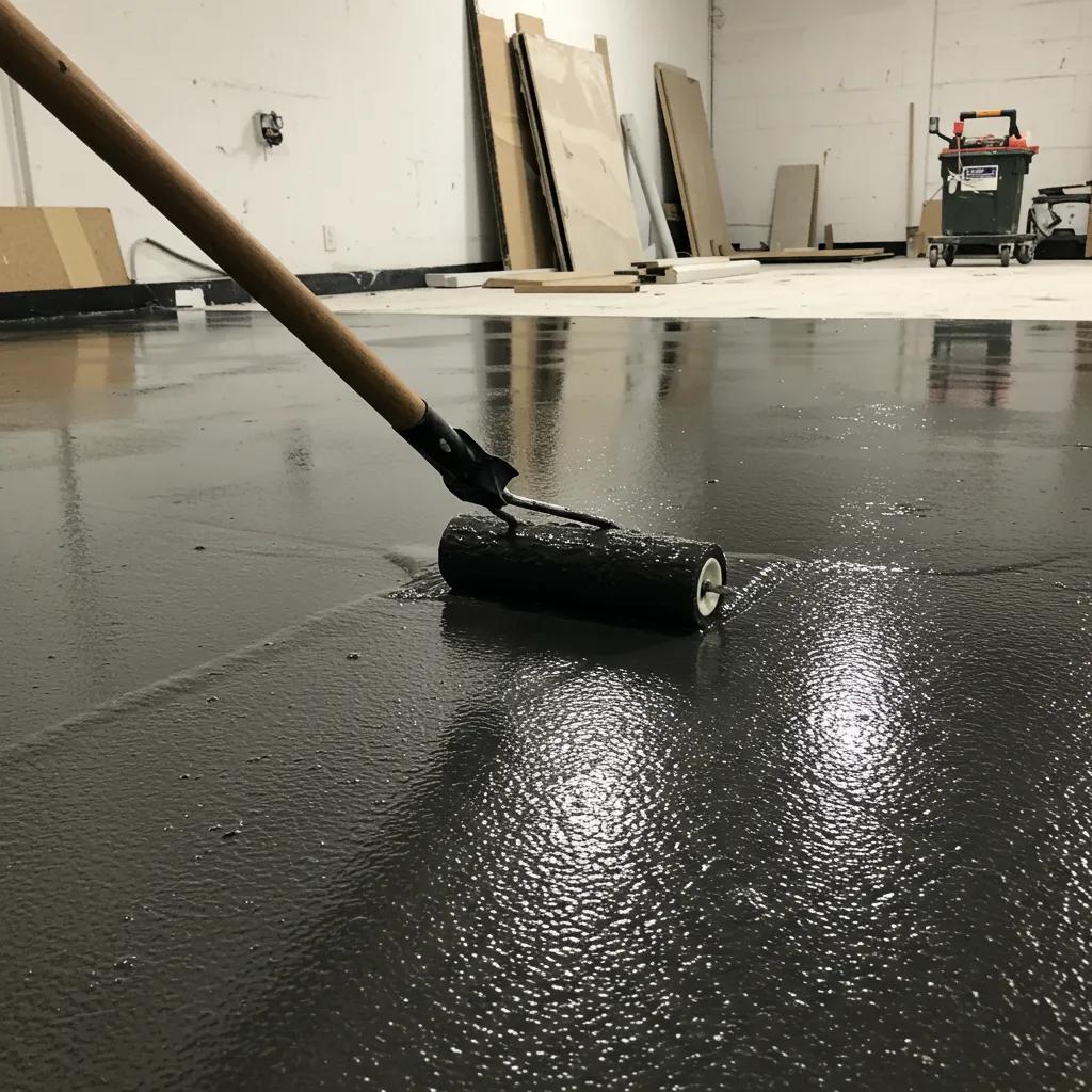 Close-up of epoxy floor coating application process highlighting texture and color